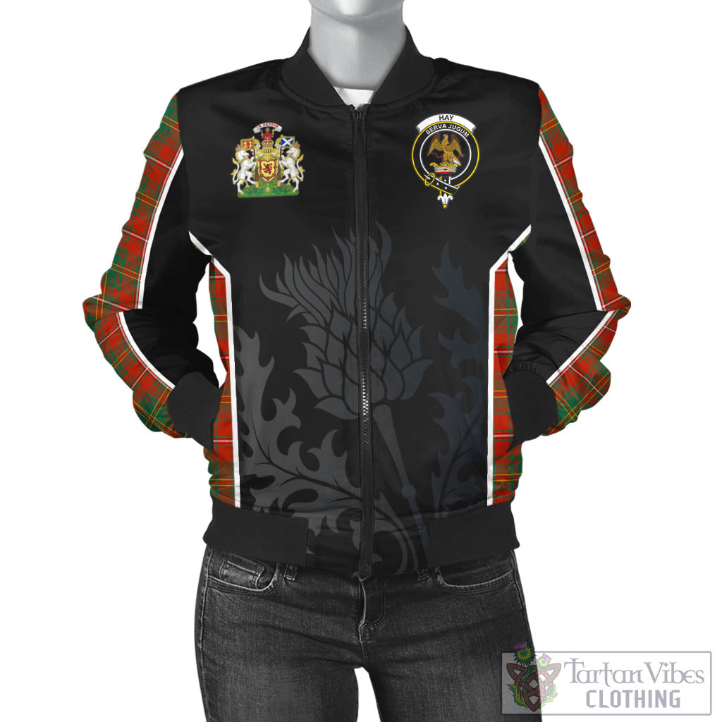 Tartan Vibes Clothing Hay Ancient Tartan Bomber Jacket with Family Crest and Scottish Thistle Vibes Sport Style