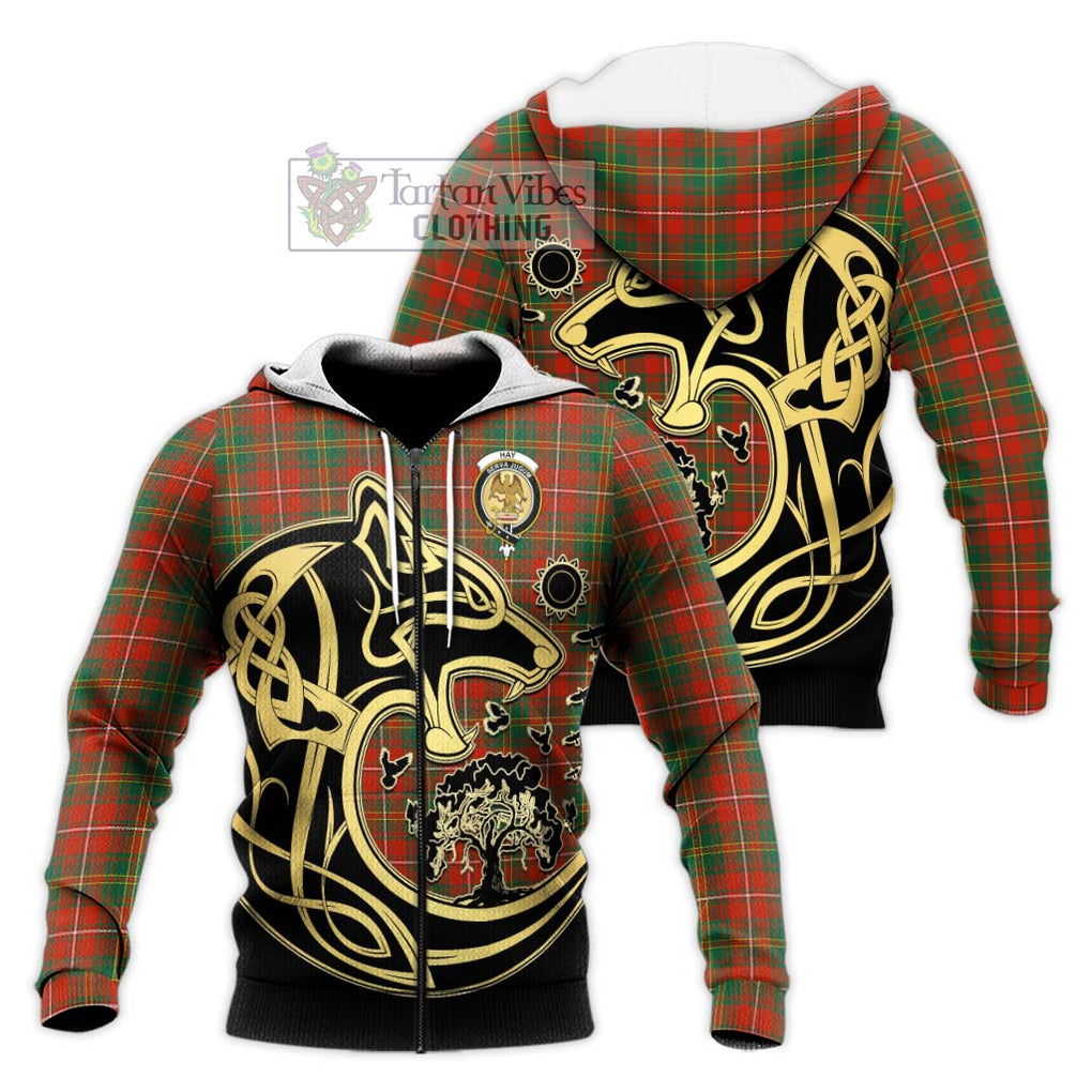 Hay Ancient Tartan Knitted Hoodie with Family Crest Celtic Wolf Style Unisex Knitted Zip Hoodie - Tartan Vibes Clothing