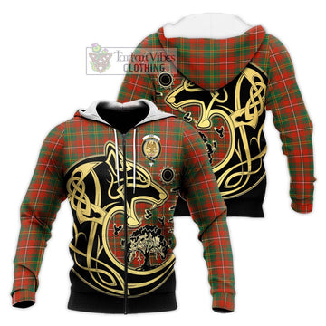 Hay Ancient Tartan Knitted Hoodie with Family Crest Celtic Wolf Style