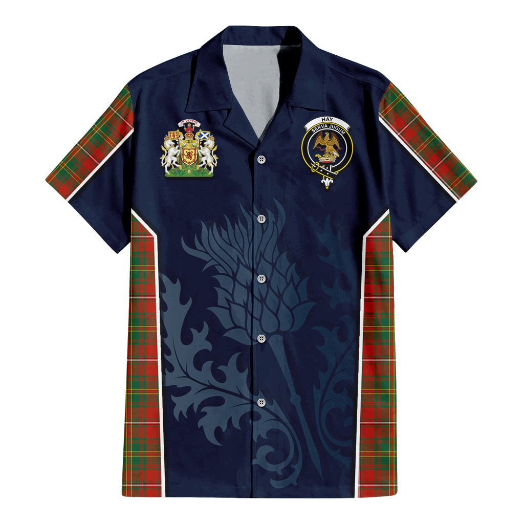 Tartan Vibes Clothing Hay Ancient Tartan Short Sleeve Button Up Shirt with Family Crest and Scottish Thistle Vibes Sport Style