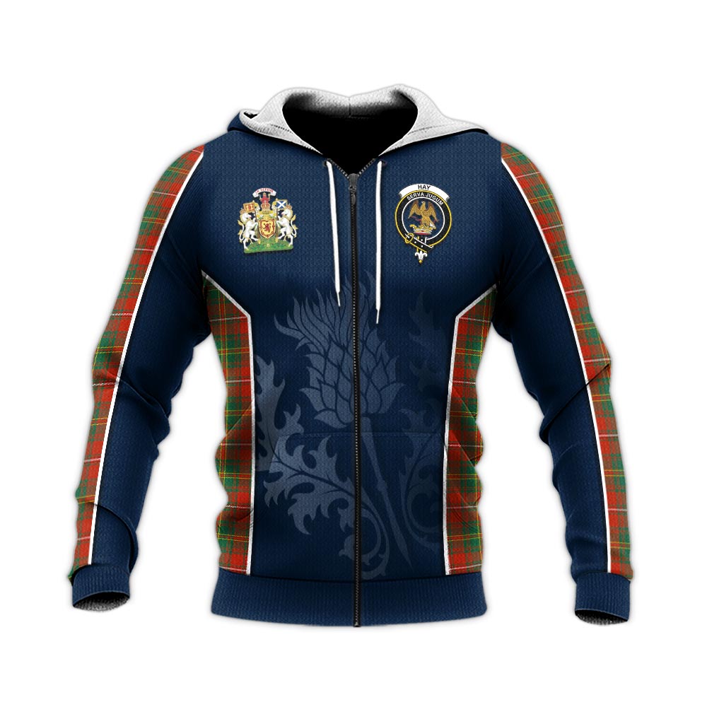 Tartan Vibes Clothing Hay Ancient Tartan Knitted Hoodie with Family Crest and Scottish Thistle Vibes Sport Style