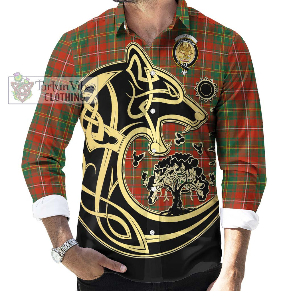 Hay Ancient Tartan Long Sleeve Button Shirt with Family Crest Celtic Wolf Style - Tartan Vibes Clothing