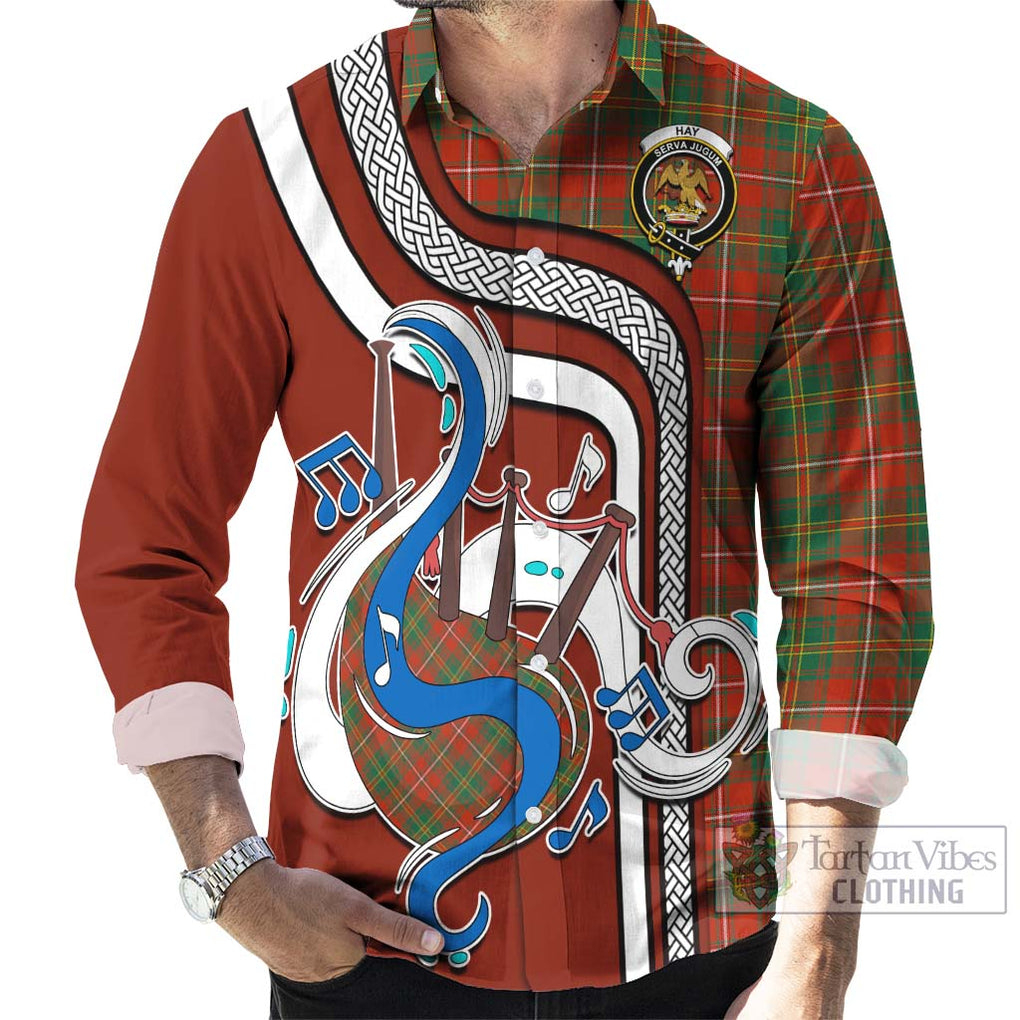 Hay Ancient Tartan Long Sleeve Button Shirt with Epic Bagpipe Style - Tartanvibesclothing Shop