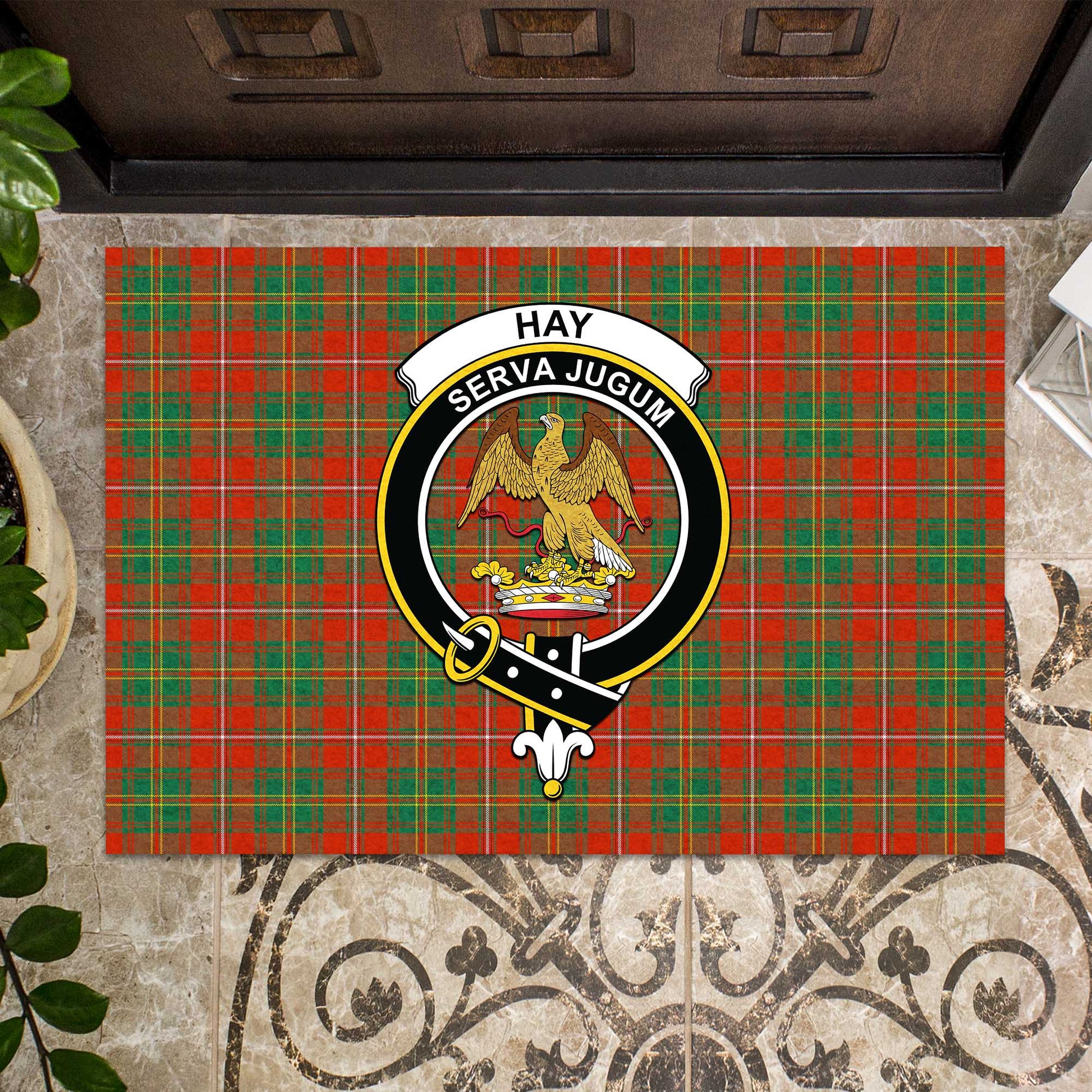 Hay Ancient Tartan Door Mat with Family Crest - Tartanvibesclothing