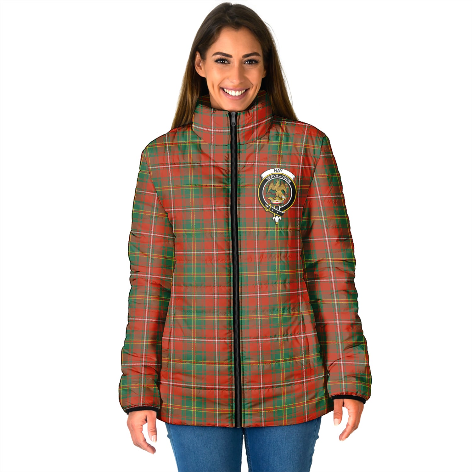 Hay Ancient Tartan Padded Jacket with Family Crest - Tartanvibesclothing