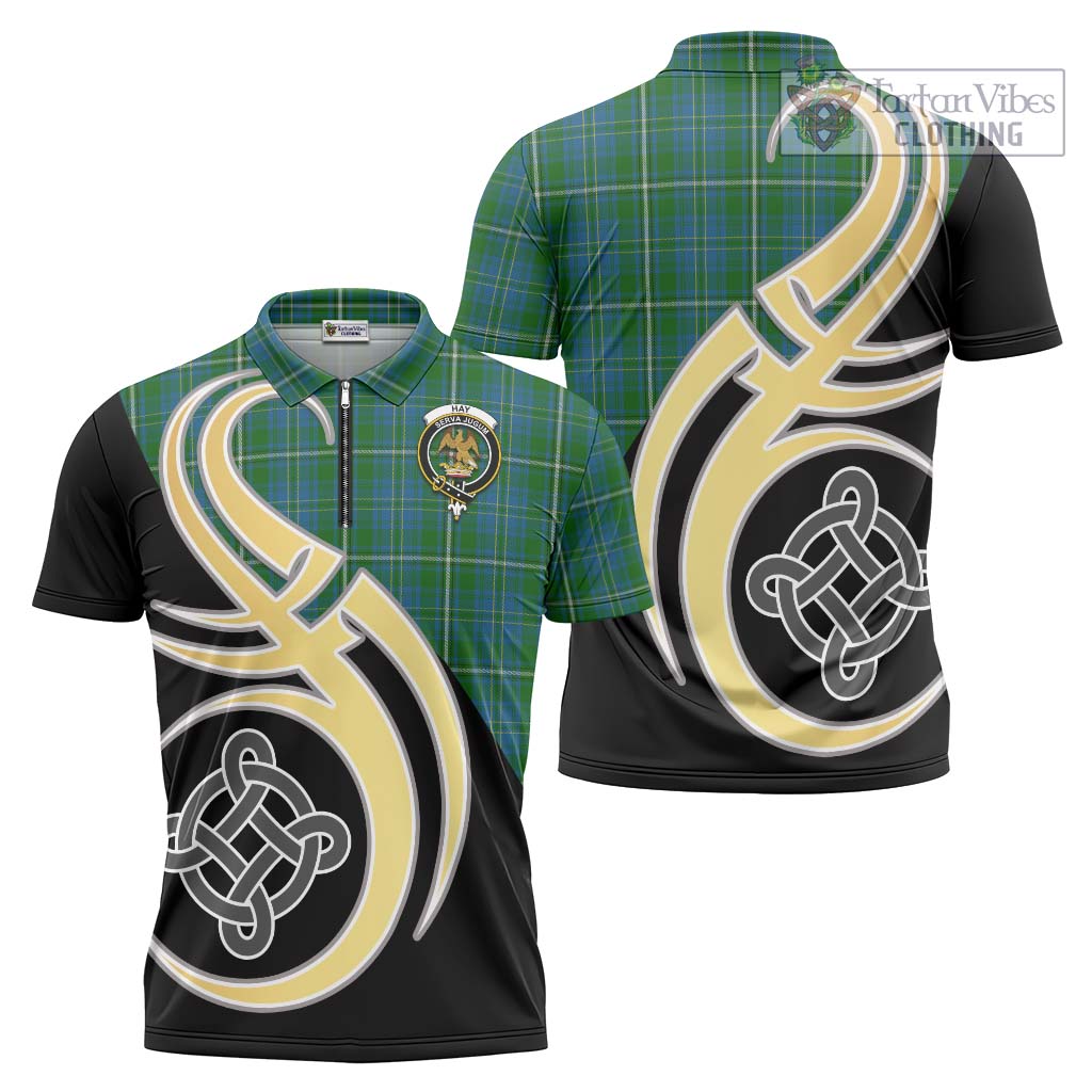 Tartan Vibes Clothing Hay Hunting Tartan Zipper Polo Shirt with Family Crest and Celtic Symbol Style