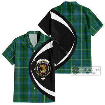 Hay Hunting Tartan Short Sleeve Button Up with Family Crest Circle Style