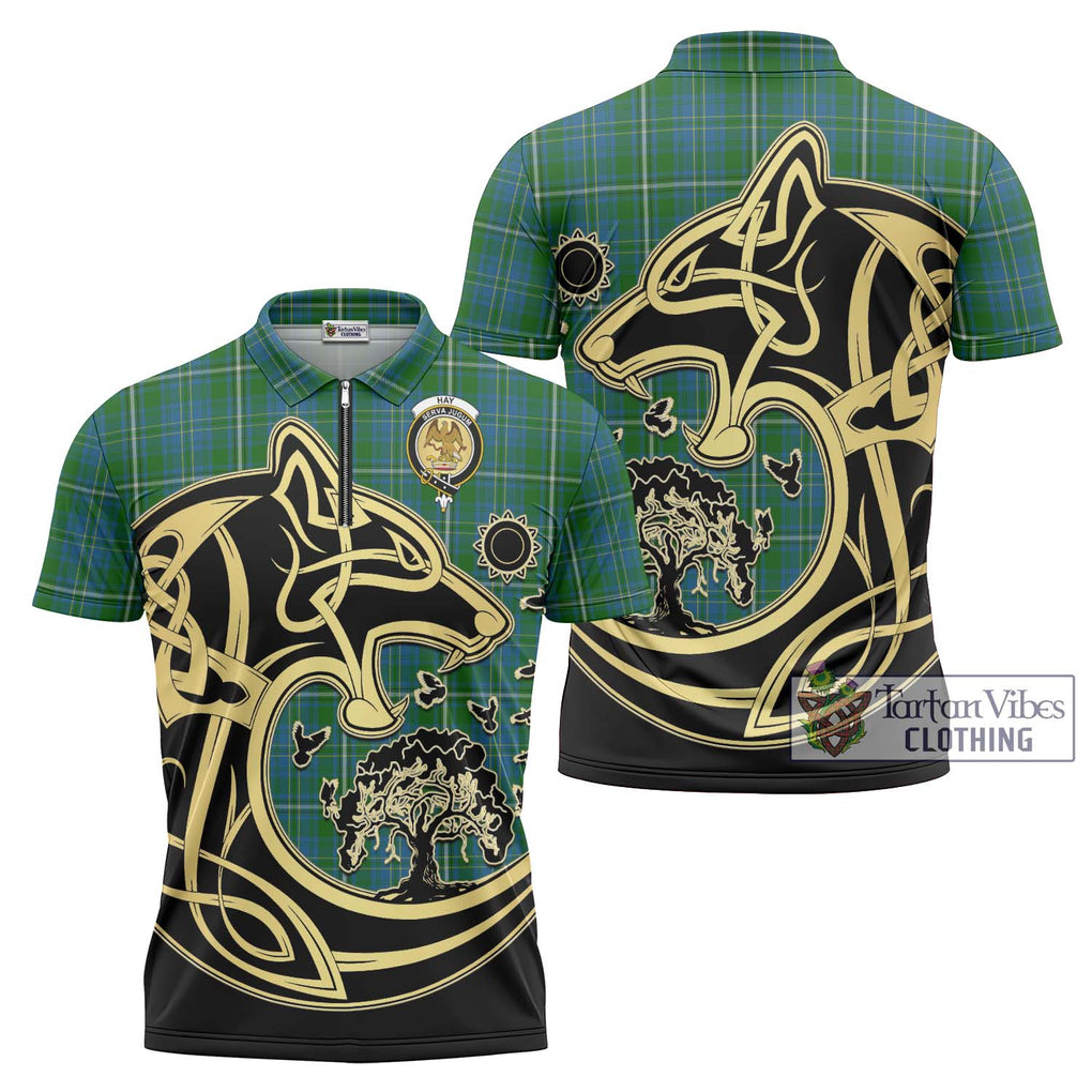 Hay Hunting Tartan Zipper Polo Shirt with Family Crest Celtic Wolf Style Unisex - Tartanvibesclothing Shop