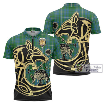 Hay Hunting Tartan Zipper Polo Shirt with Family Crest Celtic Wolf Style