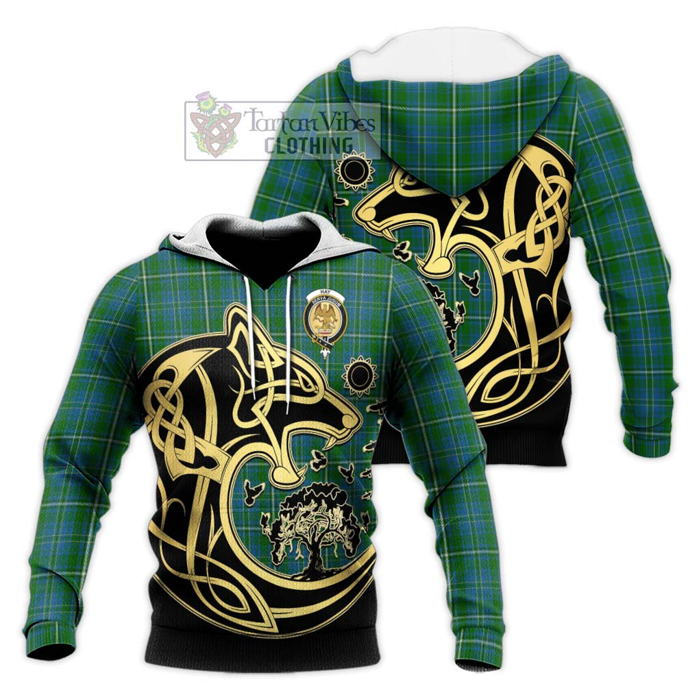 Hay Hunting Tartan Knitted Hoodie with Family Crest Celtic Wolf Style Unisex Knitted Pullover Hoodie - Tartan Vibes Clothing