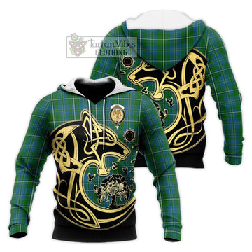 Hay Hunting Tartan Knitted Hoodie with Family Crest Celtic Wolf Style