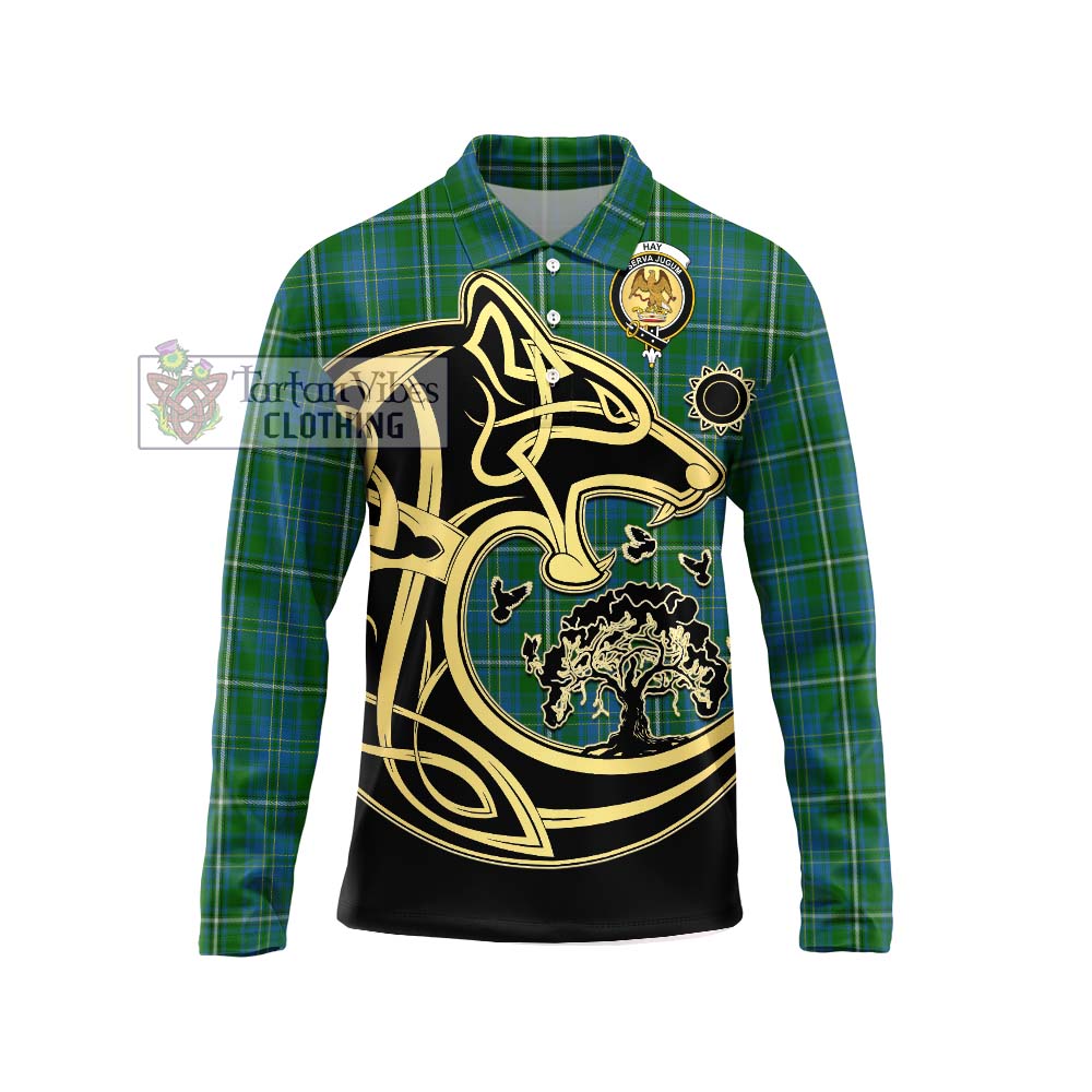 Hay Hunting Tartan Long Sleeve Polo Shirt with Family Crest Celtic Wolf Style Unisex - Tartanvibesclothing Shop