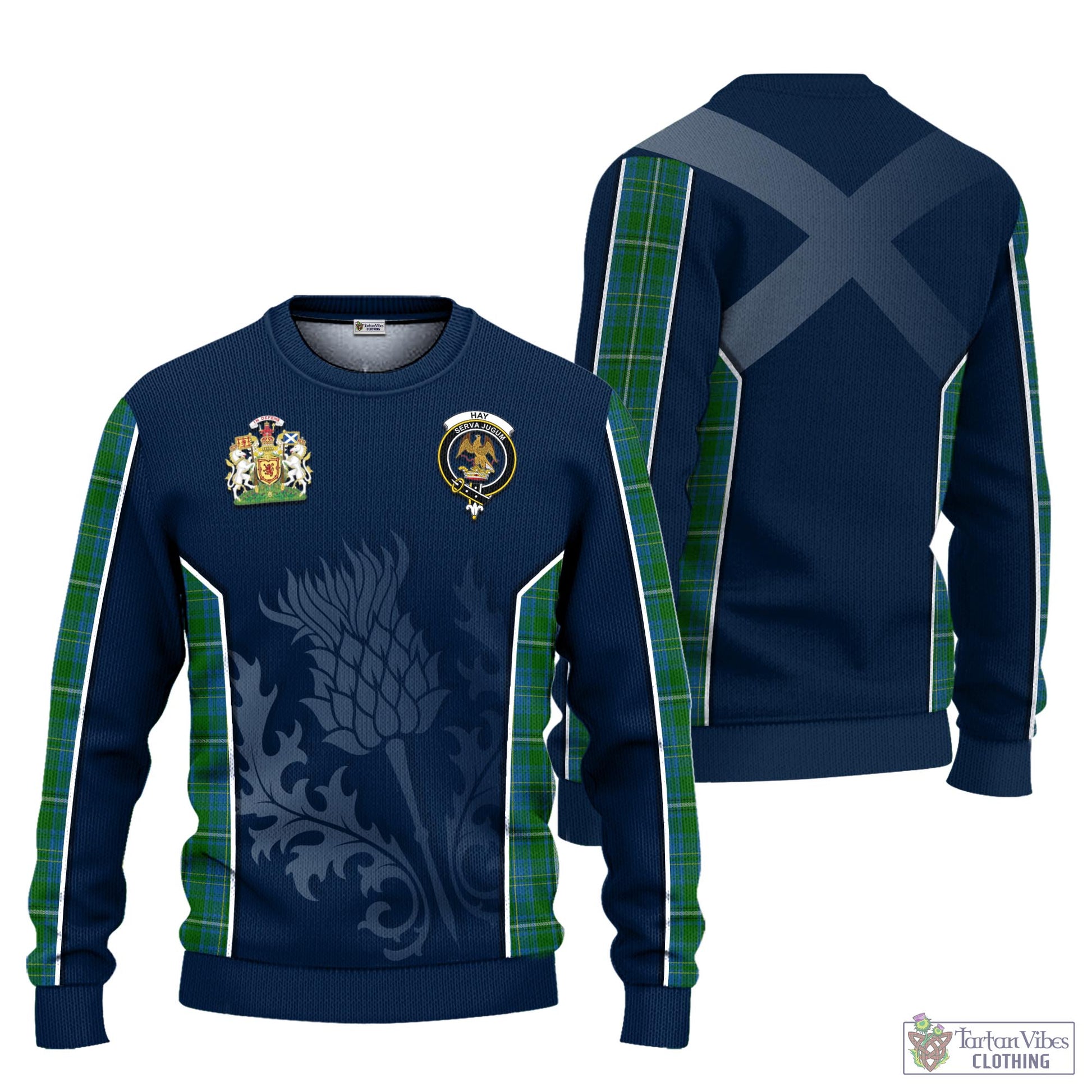 Tartan Vibes Clothing Hay Hunting Tartan Knitted Sweatshirt with Family Crest and Scottish Thistle Vibes Sport Style