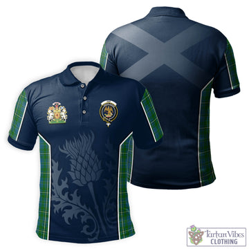 Hay Hunting Tartan Men's Polo Shirt with Family Crest and Scottish Thistle Vibes Sport Style