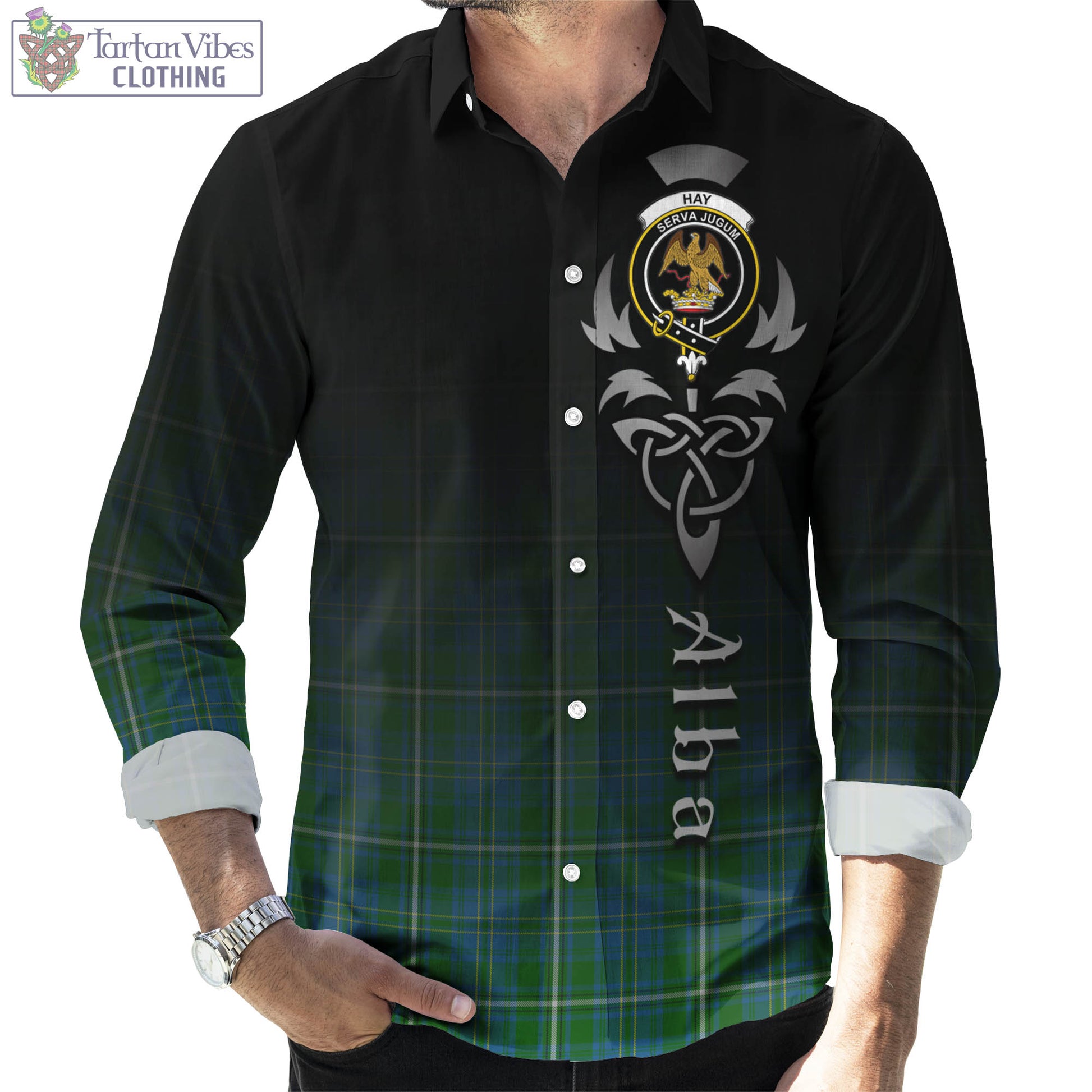 Tartan Vibes Clothing Hay Hunting Tartan Long Sleeve Button Up Featuring Alba Gu Brath Family Crest Celtic Inspired