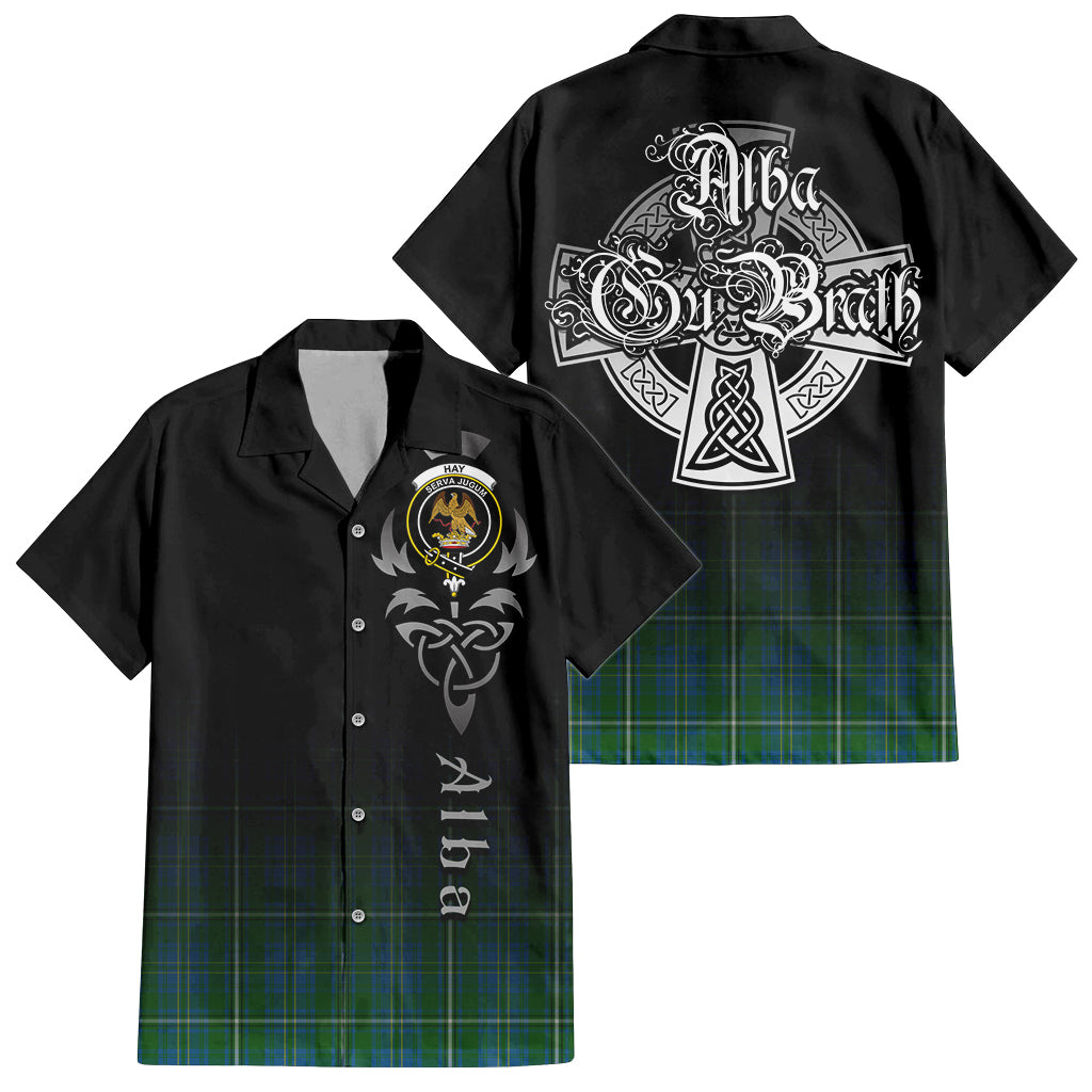 Tartan Vibes Clothing Hay Hunting Tartan Short Sleeve Button Up Featuring Alba Gu Brath Family Crest Celtic Inspired