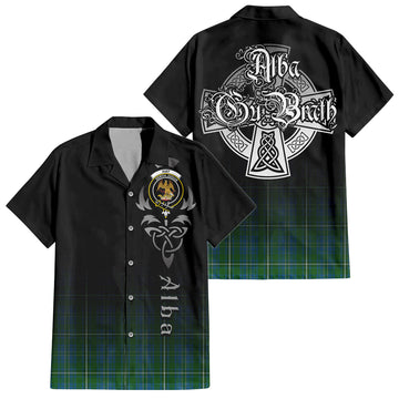 Hay Hunting Tartan Short Sleeve Button Up Shirt Featuring Alba Gu Brath Family Crest Celtic Inspired