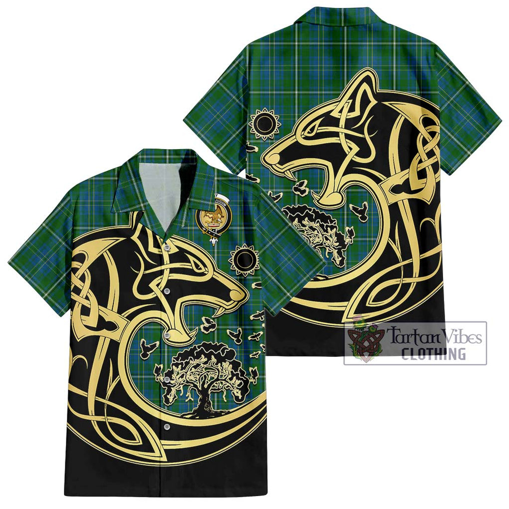 Hay Hunting Tartan Short Sleeve Button Shirt with Family Crest Celtic Wolf Style Kid - Tartan Vibes Clothing