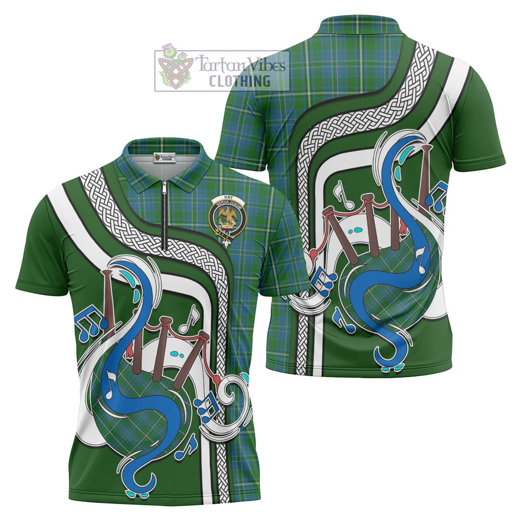 Hay Hunting Tartan Zipper Polo Shirt with Epic Bagpipe Style Unisex - Tartanvibesclothing Shop