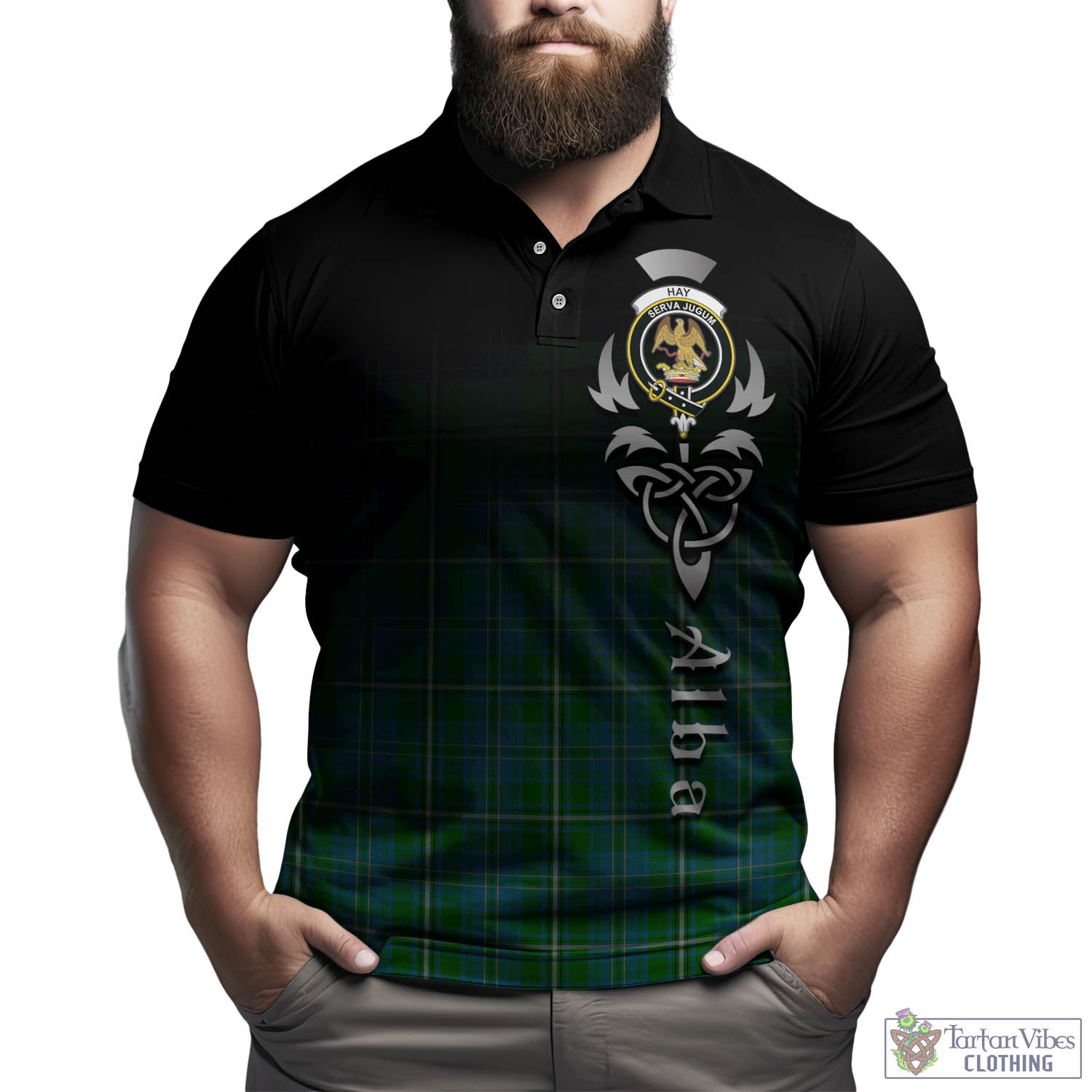 Tartan Vibes Clothing Hay Hunting Tartan Polo Shirt Featuring Alba Gu Brath Family Crest Celtic Inspired