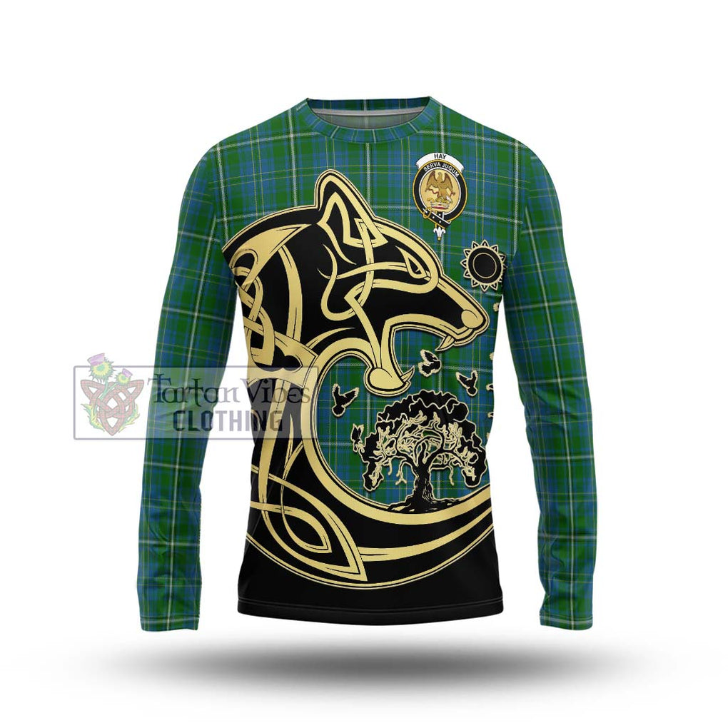 Hay Hunting Tartan Long Sleeve T-Shirt with Family Crest Celtic Wolf Style Unisex - Tartan Vibes Clothing