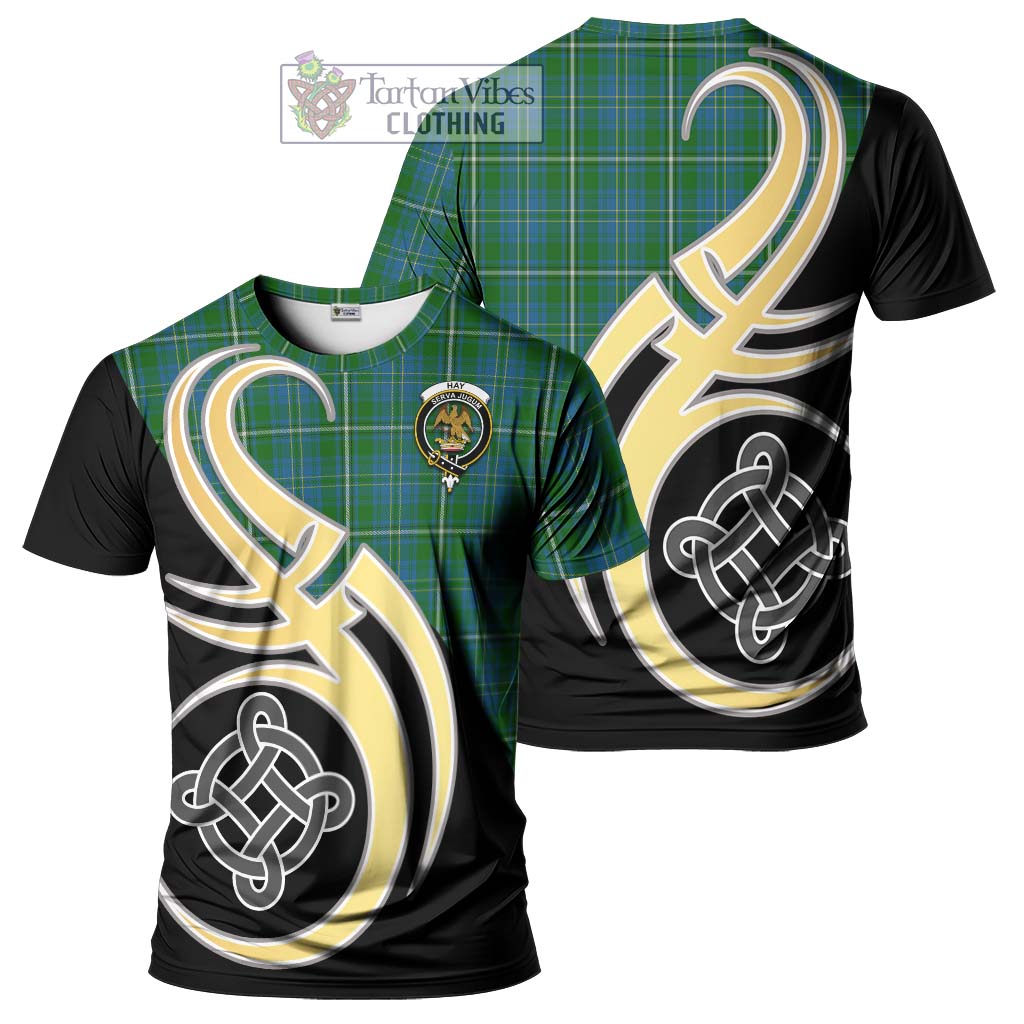 Tartan Vibes Clothing Hay Hunting Tartan T-Shirt with Family Crest and Celtic Symbol Style