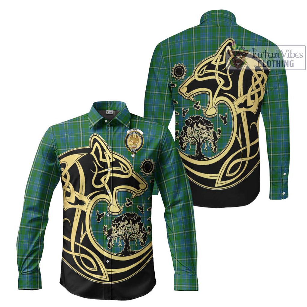 Hay Hunting Tartan Long Sleeve Button Shirt with Family Crest Celtic Wolf Style Men's Shirt S - Tartan Vibes Clothing