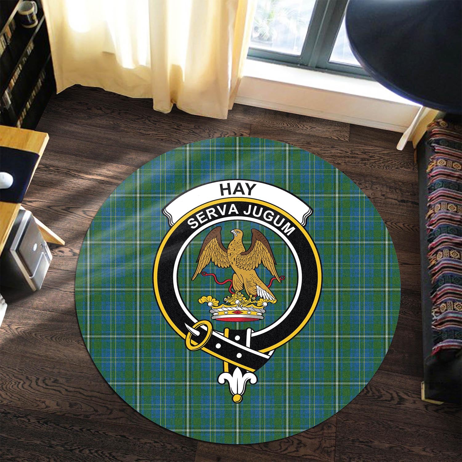 hay-hunting-tartan-round-rug-with-family-crest