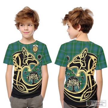 Hay Hunting Tartan Kid T-Shirt with Family Crest Celtic Wolf Style