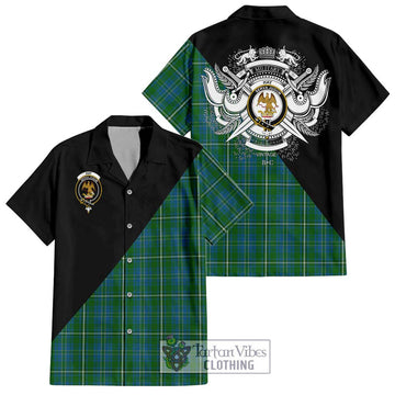 Hay Hunting Tartan Short Sleeve Button Shirt with Family Crest and Military Logo Style