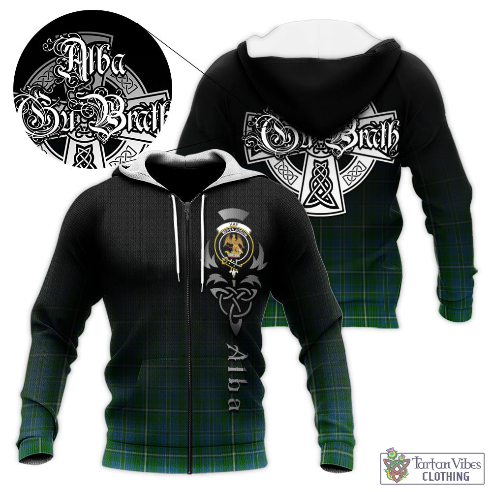 Tartan Vibes Clothing Hay Hunting Tartan Knitted Hoodie Featuring Alba Gu Brath Family Crest Celtic Inspired