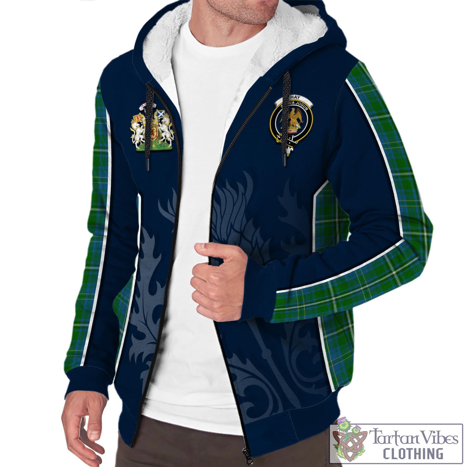 Tartan Vibes Clothing Hay Hunting Tartan Sherpa Hoodie with Family Crest and Scottish Thistle Vibes Sport Style