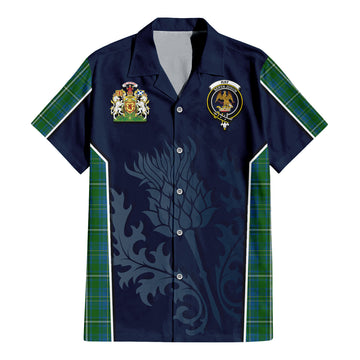 Hay Hunting Tartan Short Sleeve Button Up Shirt with Family Crest and Scottish Thistle Vibes Sport Style