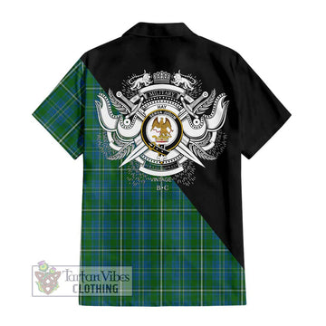 Hay Hunting Tartan Short Sleeve Button Shirt with Family Crest and Military Logo Style