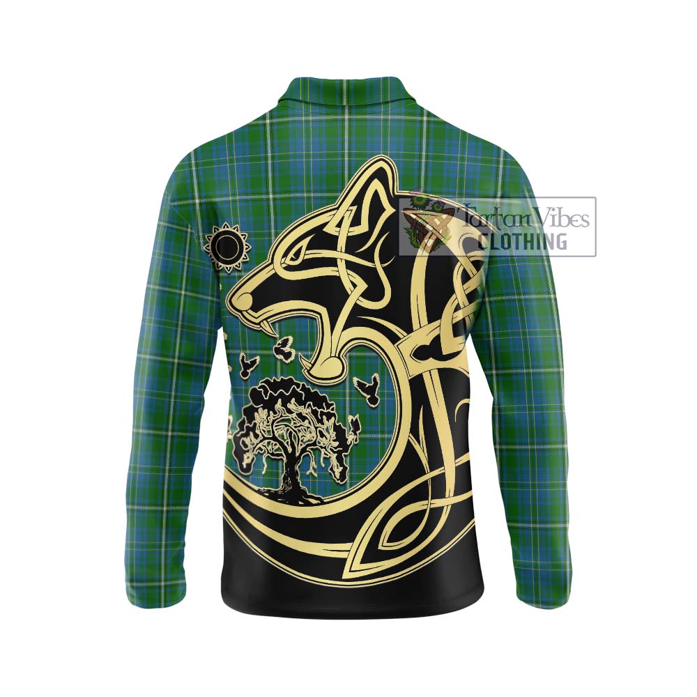 Hay Hunting Tartan Long Sleeve Polo Shirt with Family Crest Celtic Wolf Style - Tartanvibesclothing Shop