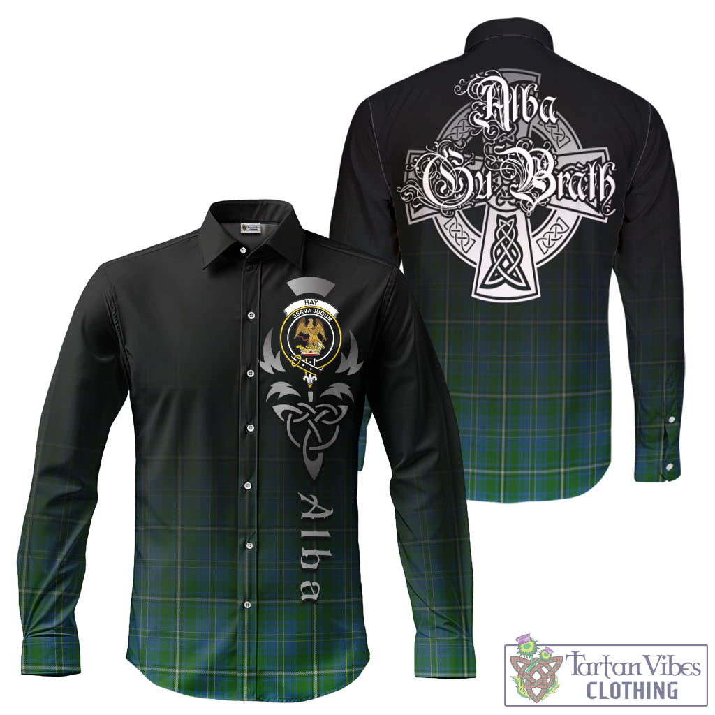 Tartan Vibes Clothing Hay Hunting Tartan Long Sleeve Button Up Featuring Alba Gu Brath Family Crest Celtic Inspired