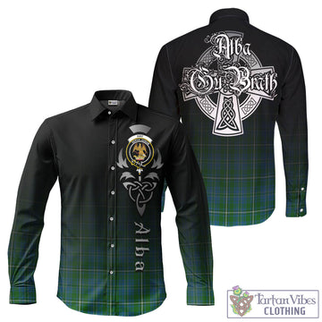 Hay Hunting Tartan Long Sleeve Button Up Featuring Alba Gu Brath Family Crest Celtic Inspired