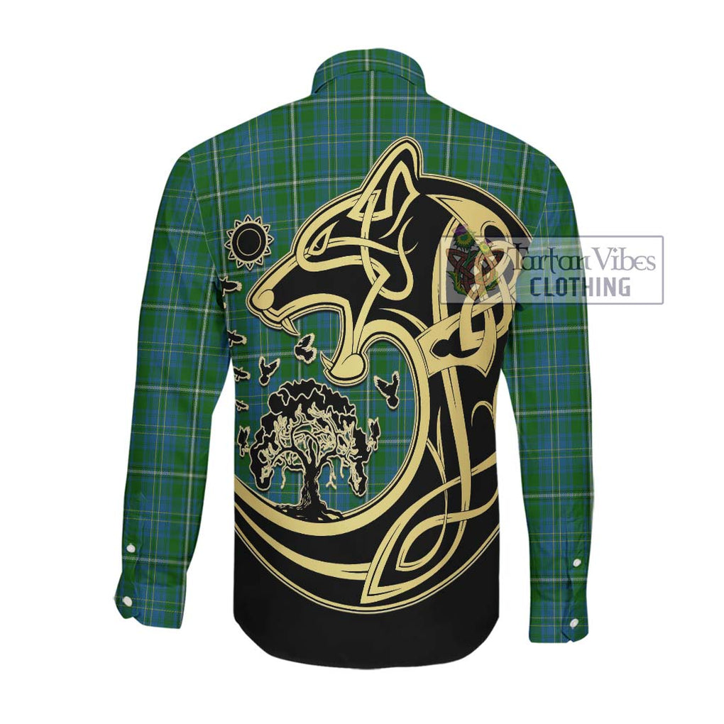 Hay Hunting Tartan Long Sleeve Button Shirt with Family Crest Celtic Wolf Style Men's Shirt - Tartan Vibes Clothing