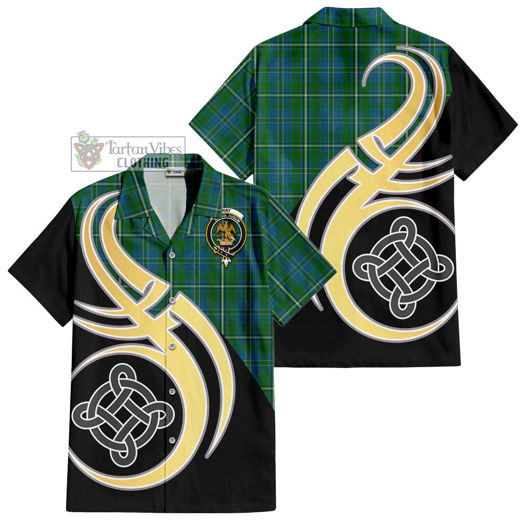 Hay Hunting Tartan Short Sleeve Button Shirt with Family Crest and Celtic Symbol Style - Tartan Vibes Clothing