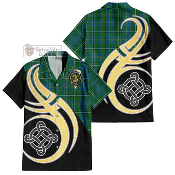 Hay Hunting Tartan Short Sleeve Button Shirt with Family Crest and Celtic Symbol Style