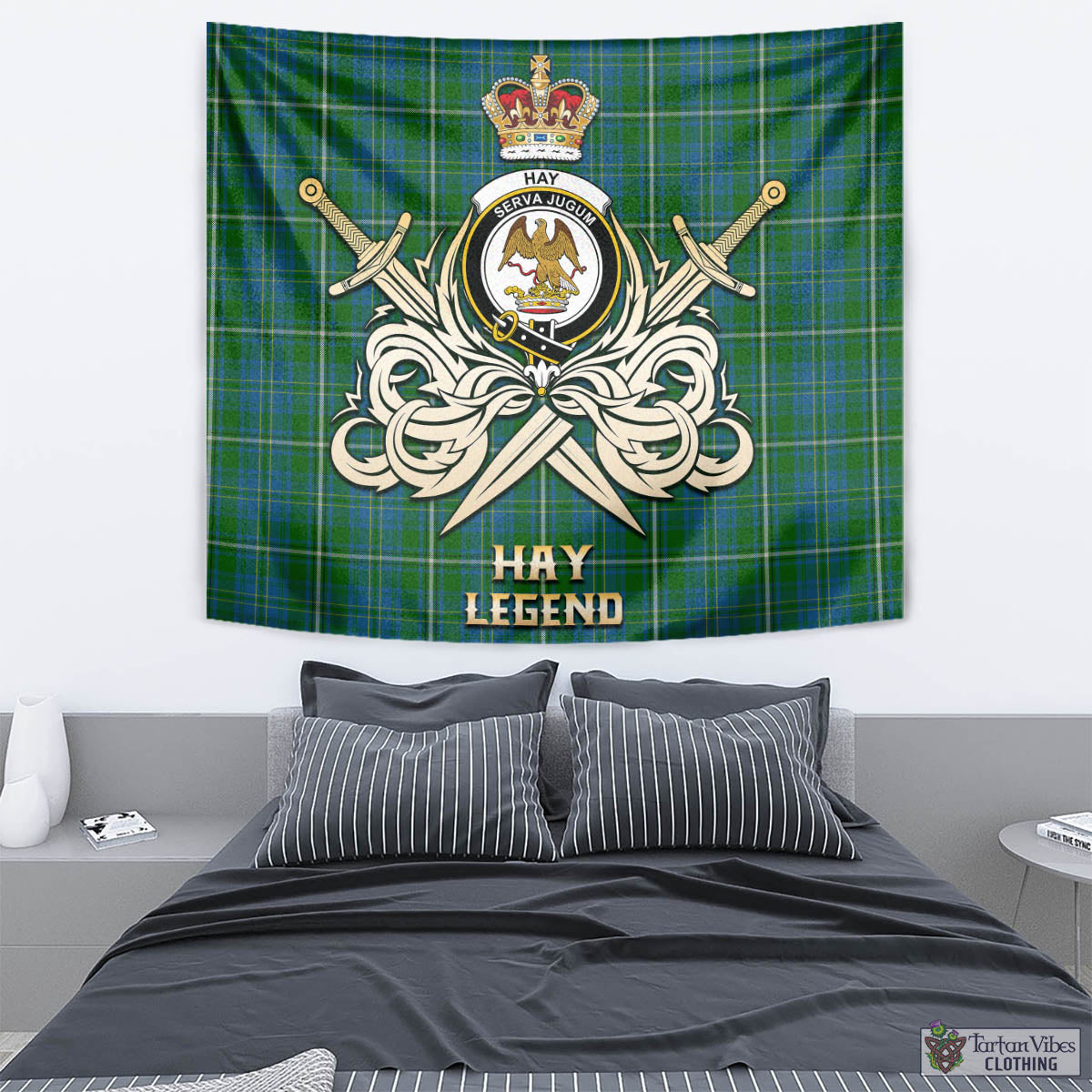 Tartan Vibes Clothing Hay Hunting Tartan Tapestry with Clan Crest and the Golden Sword of Courageous Legacy