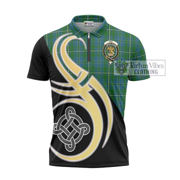 Hay Hunting Tartan Zipper Polo Shirt with Family Crest and Celtic Symbol Style