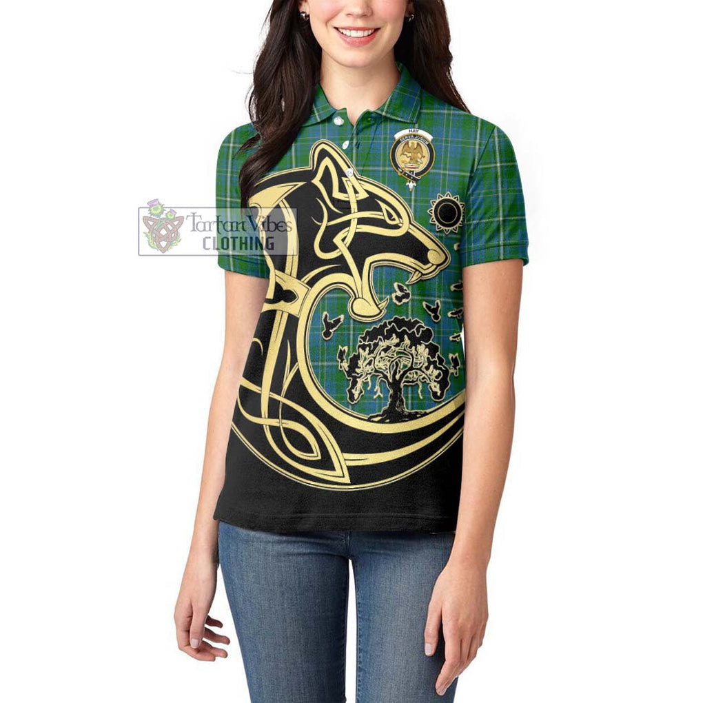 Hay Hunting Tartan Women's Polo Shirt with Family Crest Celtic Wolf Style - Tartanvibesclothing Shop