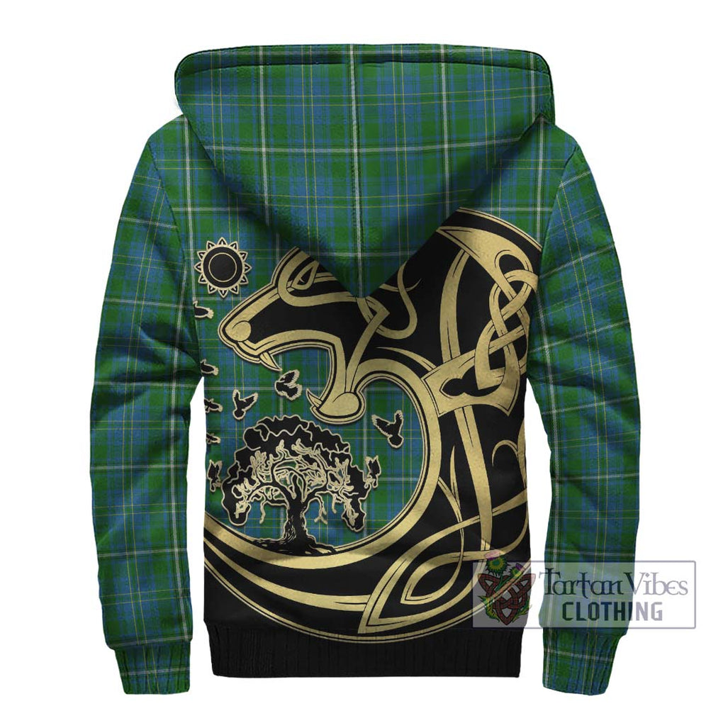 Hay Hunting Tartan Sherpa Hoodie with Family Crest Celtic Wolf Style - Tartan Vibes Clothing