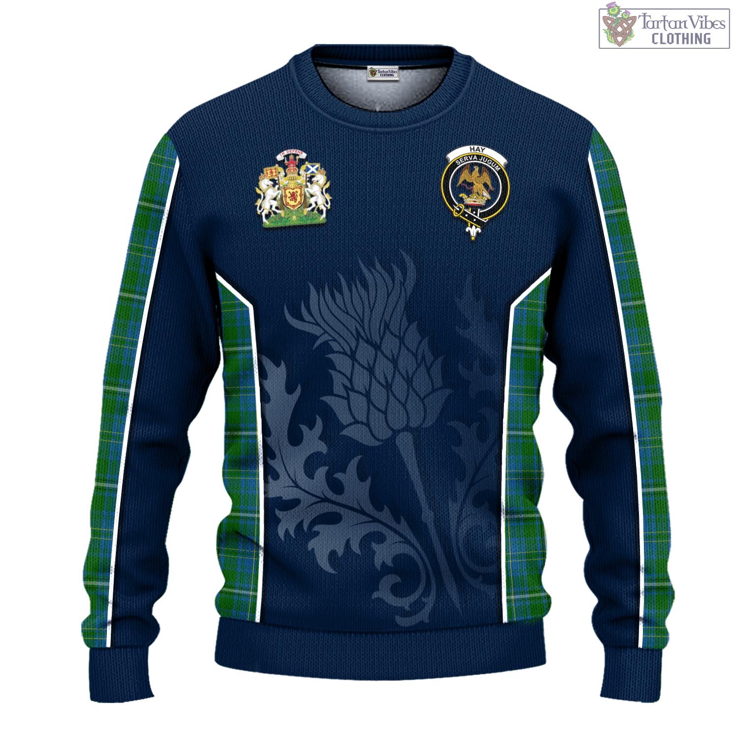 Tartan Vibes Clothing Hay Hunting Tartan Knitted Sweatshirt with Family Crest and Scottish Thistle Vibes Sport Style