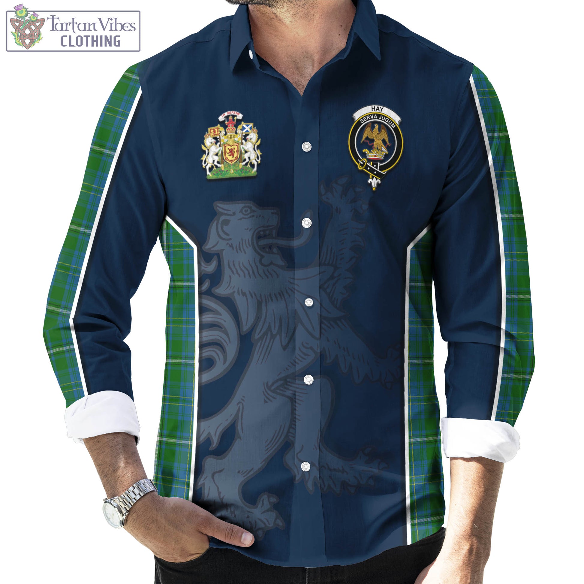 Tartan Vibes Clothing Hay Hunting Tartan Long Sleeve Button Up Shirt with Family Crest and Lion Rampant Vibes Sport Style