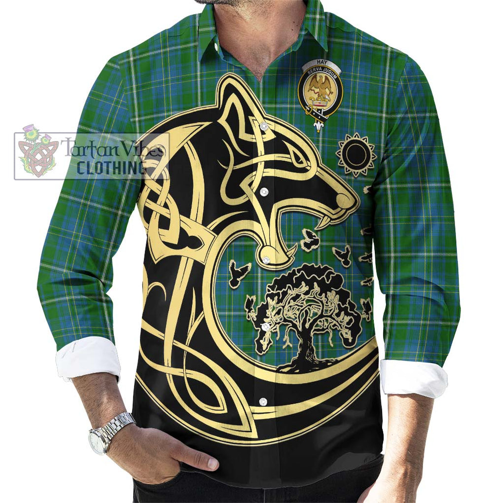 Hay Hunting Tartan Long Sleeve Button Shirt with Family Crest Celtic Wolf Style - Tartan Vibes Clothing