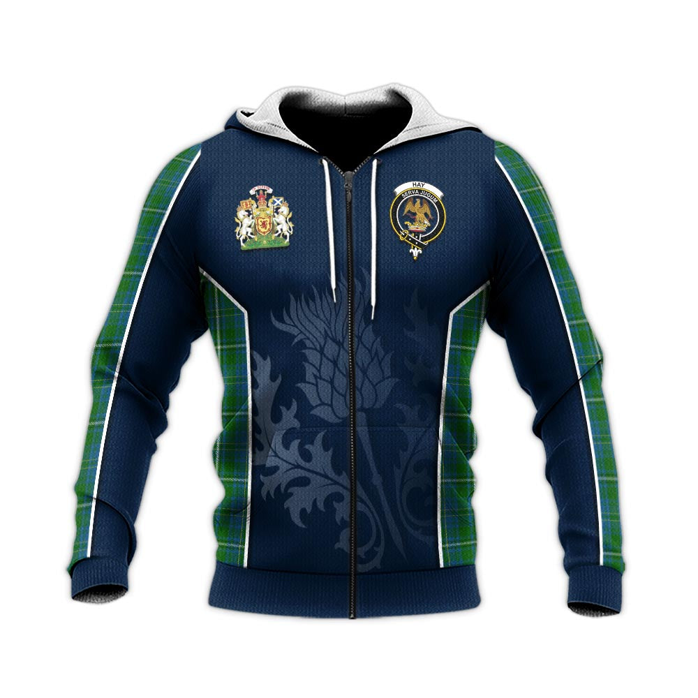 Tartan Vibes Clothing Hay Hunting Tartan Knitted Hoodie with Family Crest and Scottish Thistle Vibes Sport Style