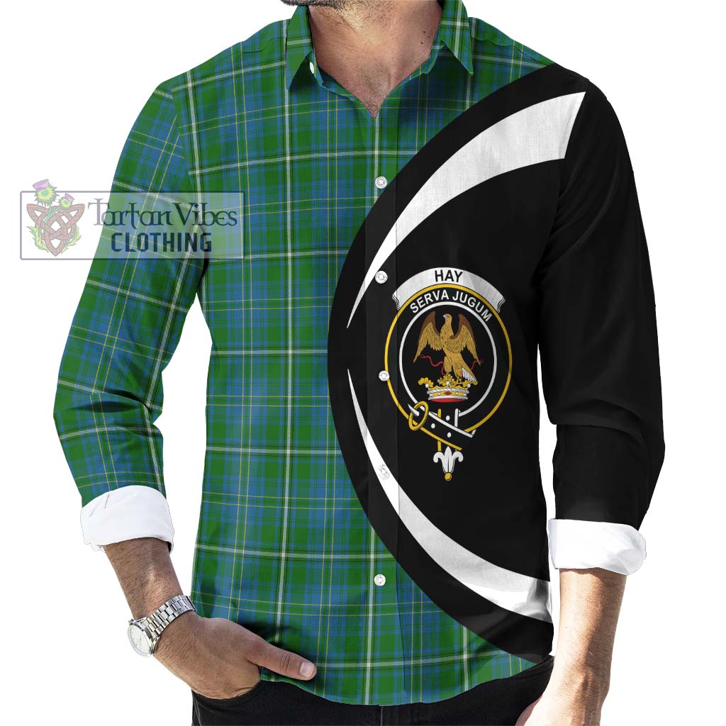 Hay Hunting Tartan Long Sleeve Button Up with Family Crest Circle Style - Tartan Vibes Clothing