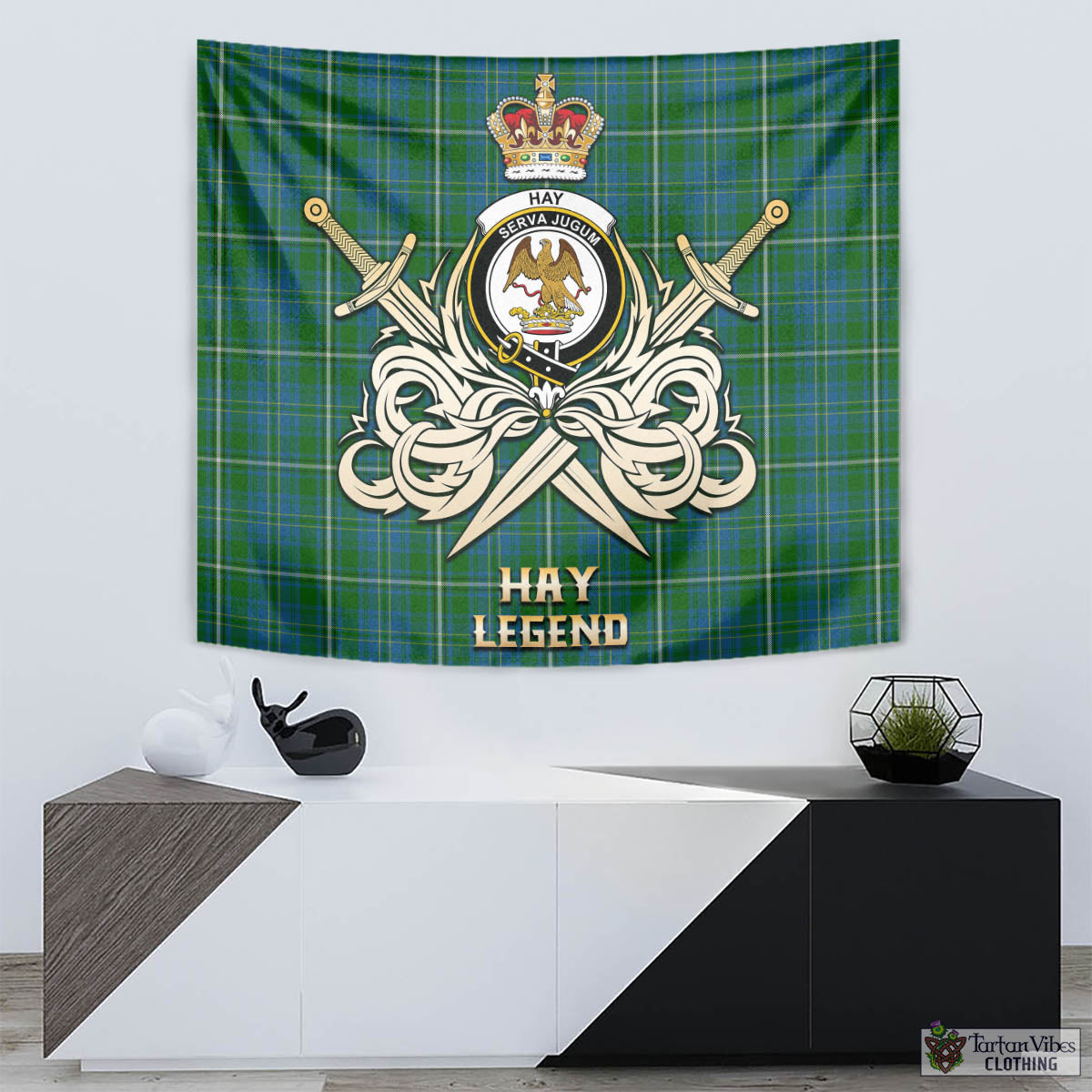 Tartan Vibes Clothing Hay Hunting Tartan Tapestry with Clan Crest and the Golden Sword of Courageous Legacy